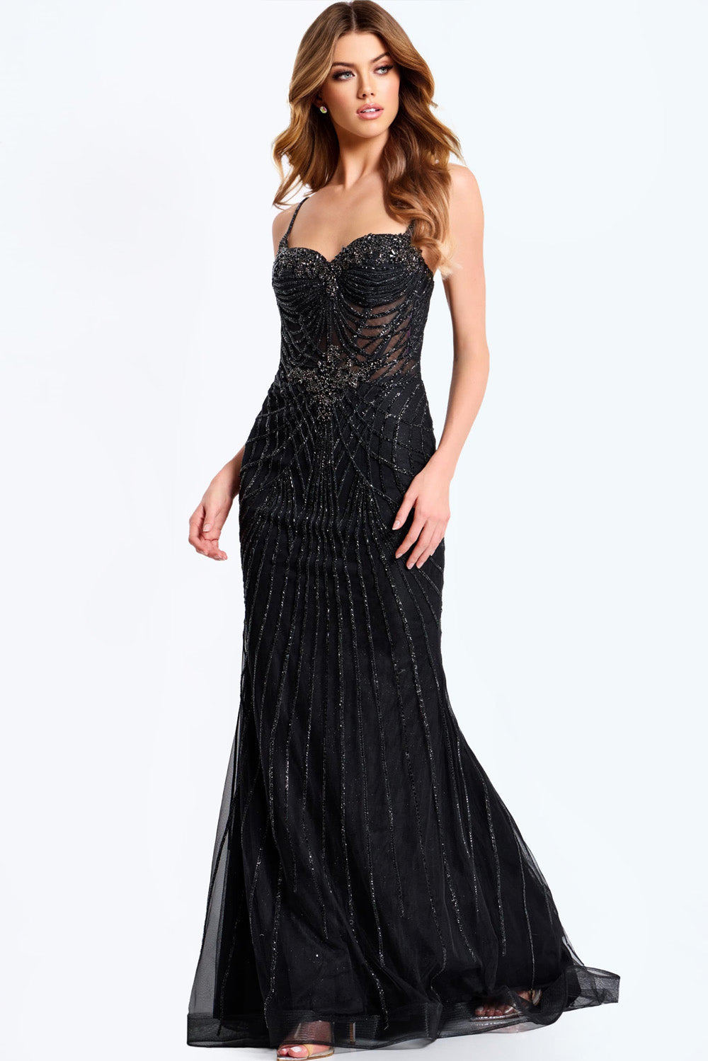 Jovani 49117 Black mermaid prom dress with intricate beading and a sweetheart neckline.