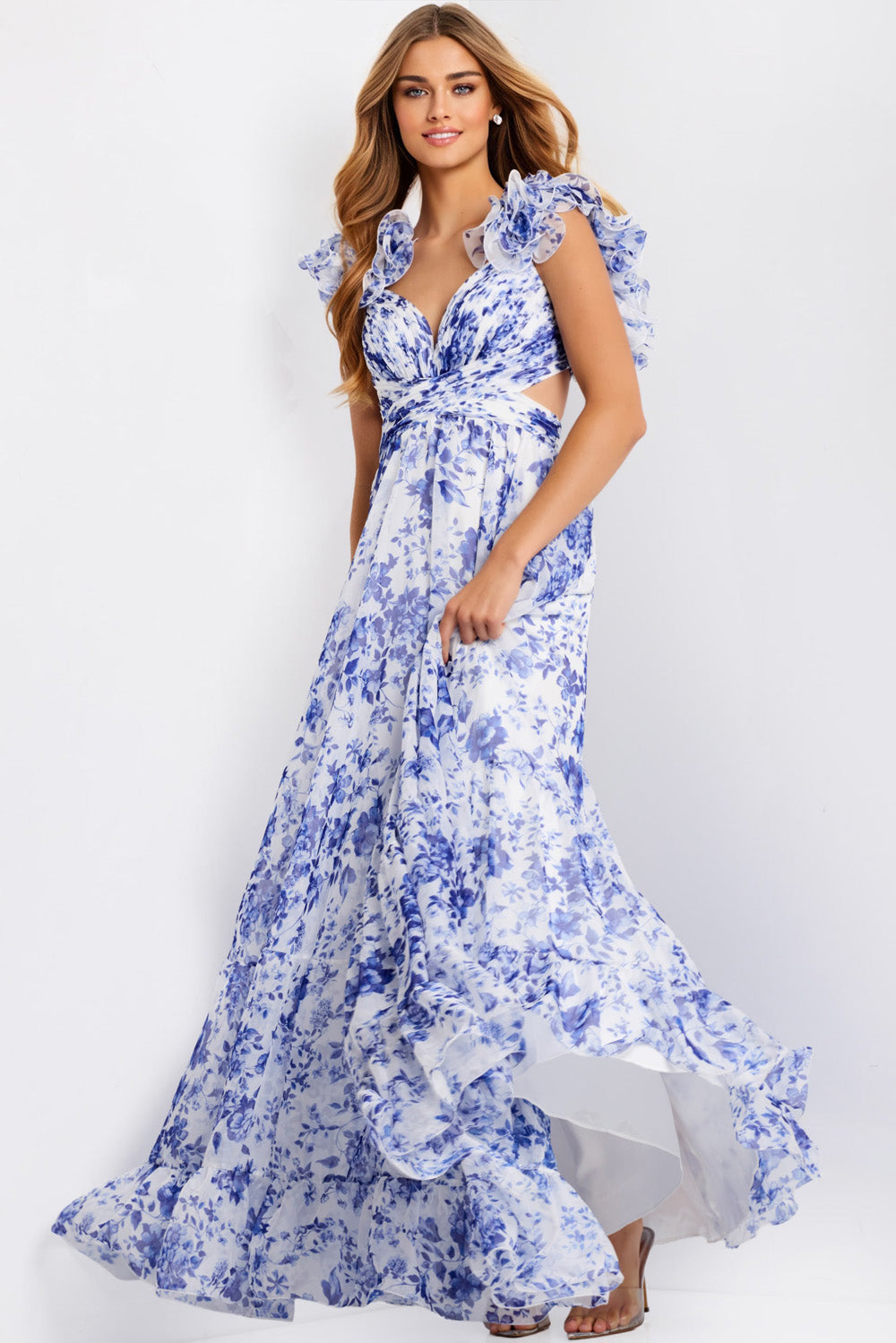 Jovani 49143 White and blue floral prom dress with ruffled sleeves and a flowing A-line silhouette.