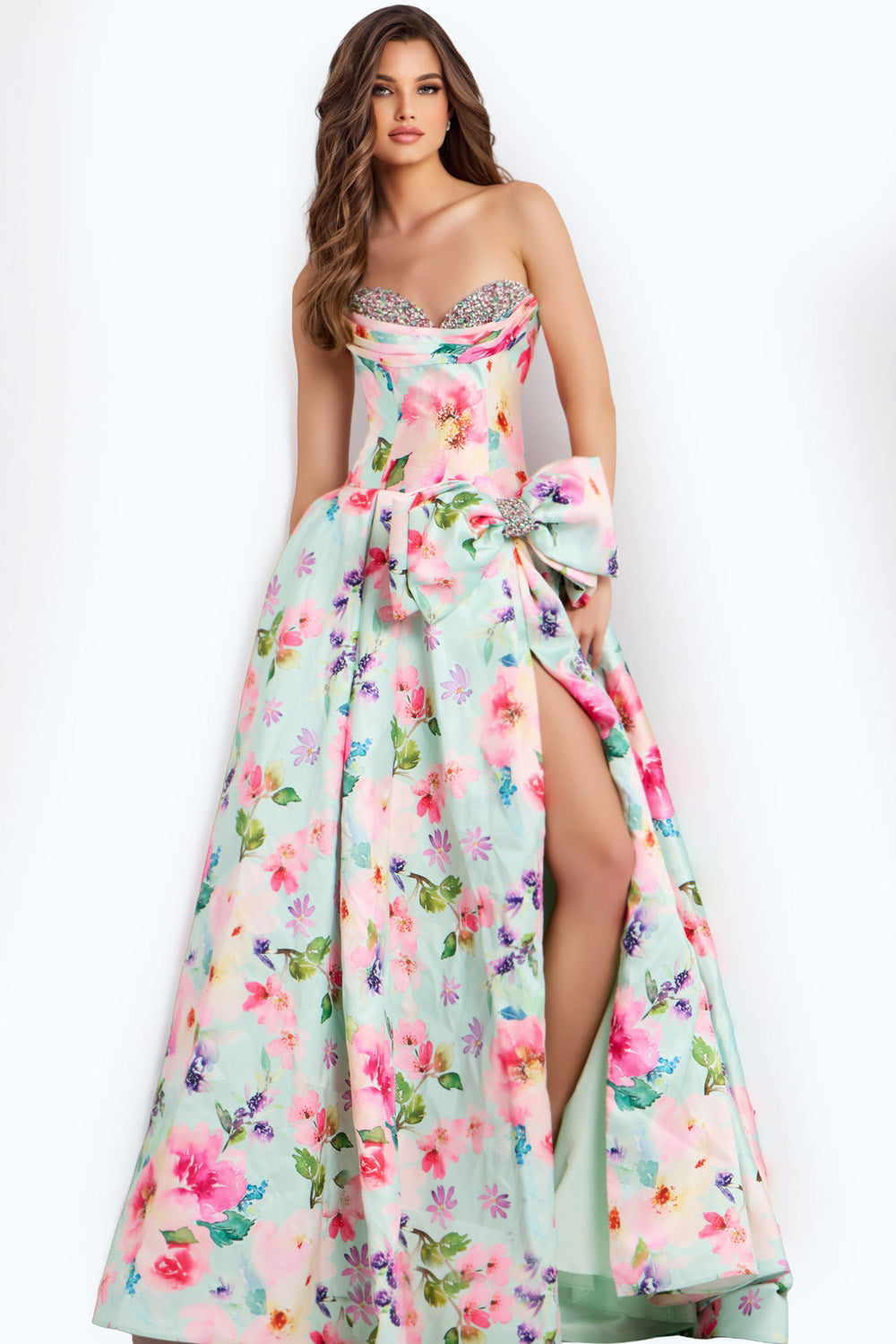 Jovani 49197 Mint multi prom dress with a high slit and beaded sweetheart neckline.