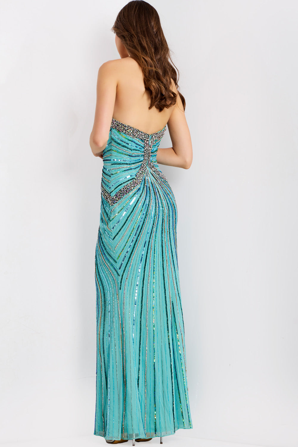 Jovani 49224 Blue sequined formal gown with a fitted silhouette and a stunning back view.