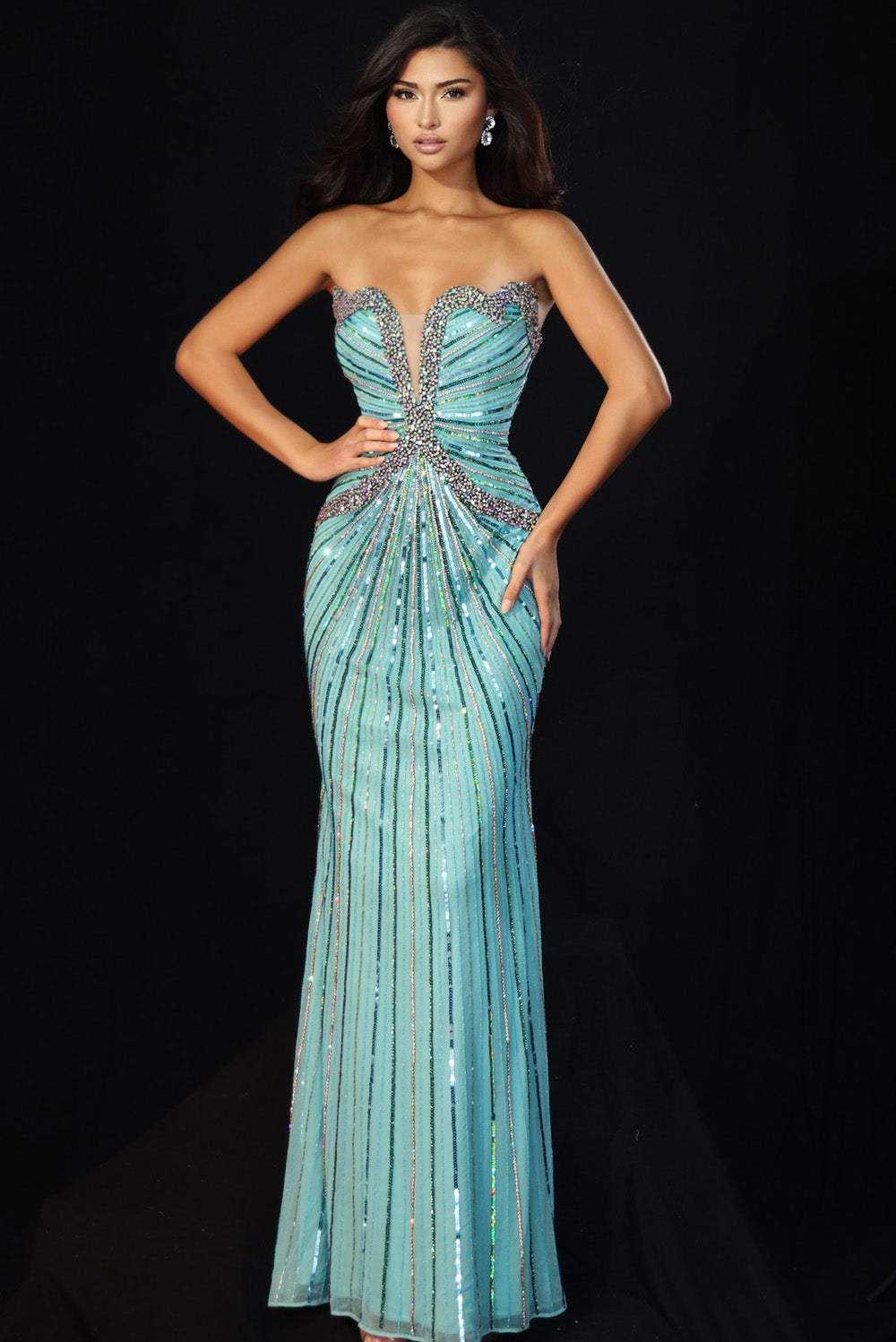 Jovani 49224 Fitted blue prom dress with sequins and a sweetheart neckline, front view.