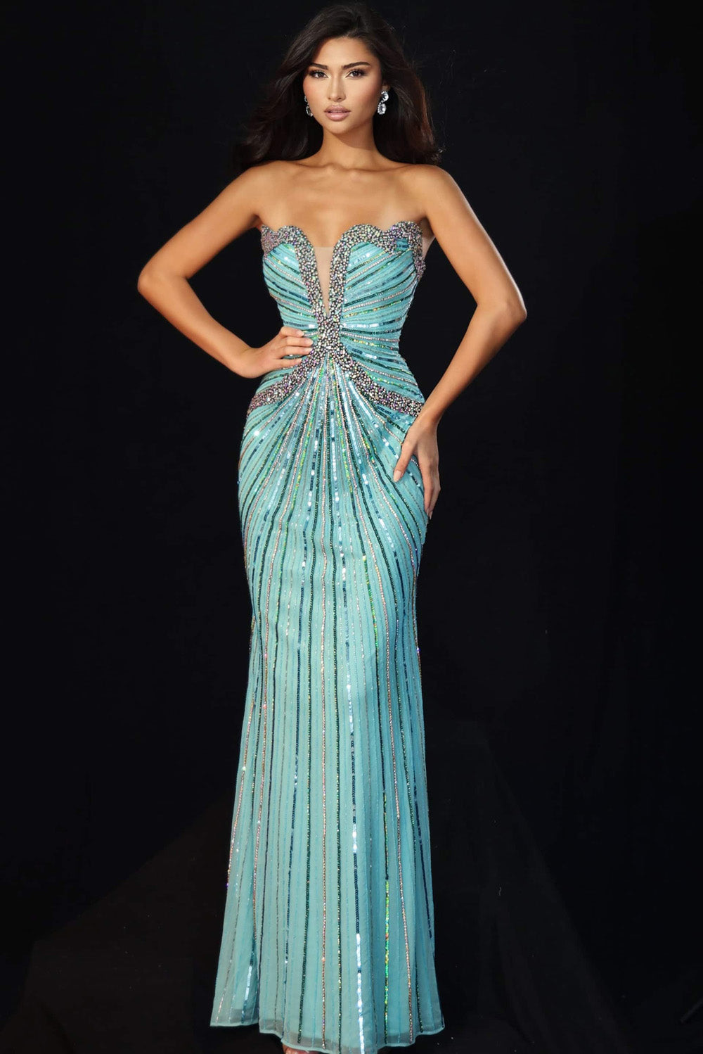 Jovani 49224 Strapless blue prom dress with sequins and a fitted silhouette.