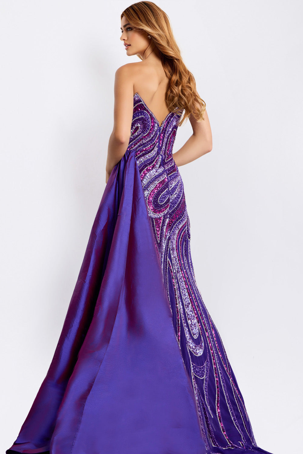 Jovani 49226 Dark purple mermaid prom dress with intricate beading, back view.
