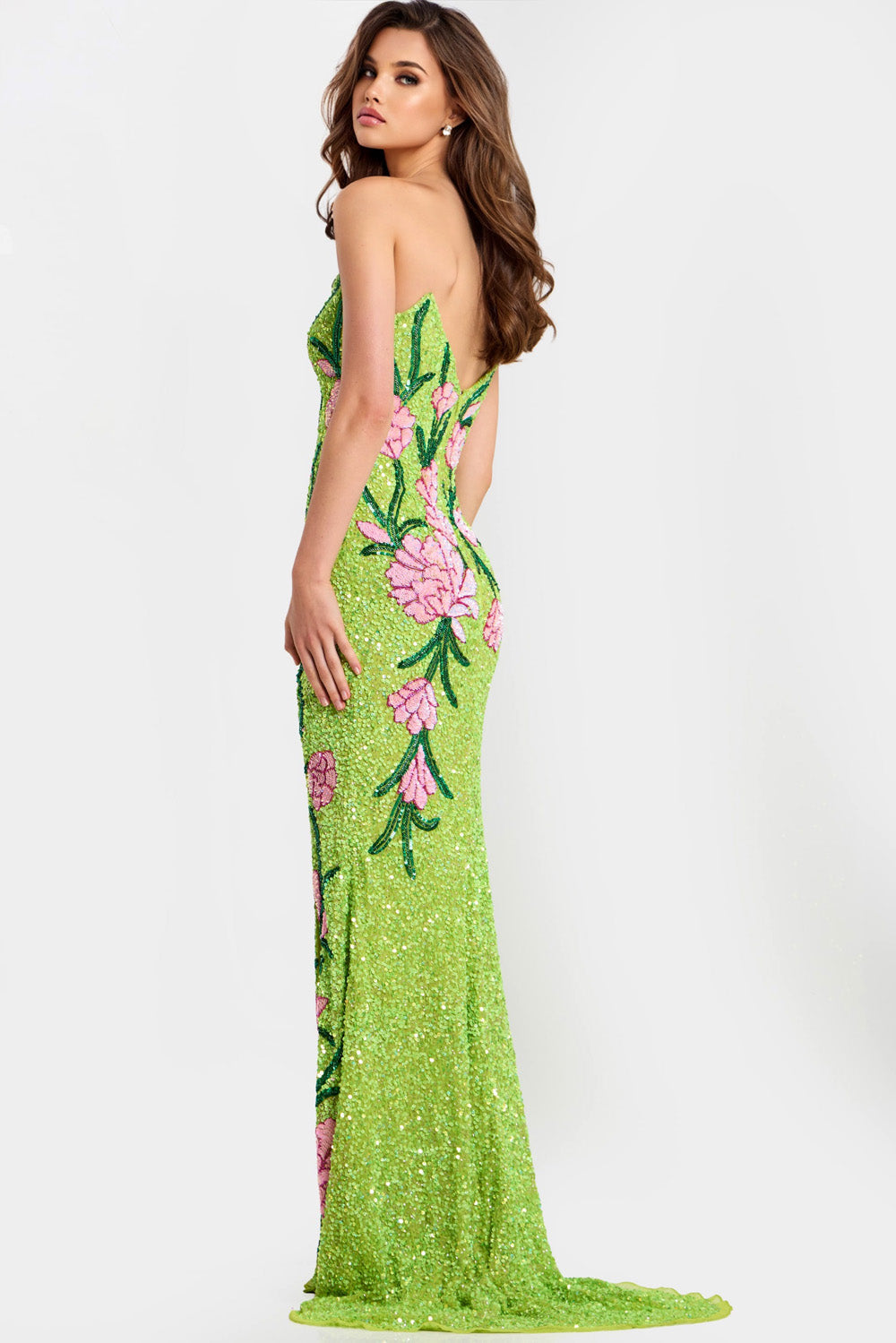 Jovani 49231 Lime green mermaid prom dress with floral sequins and a low back view.