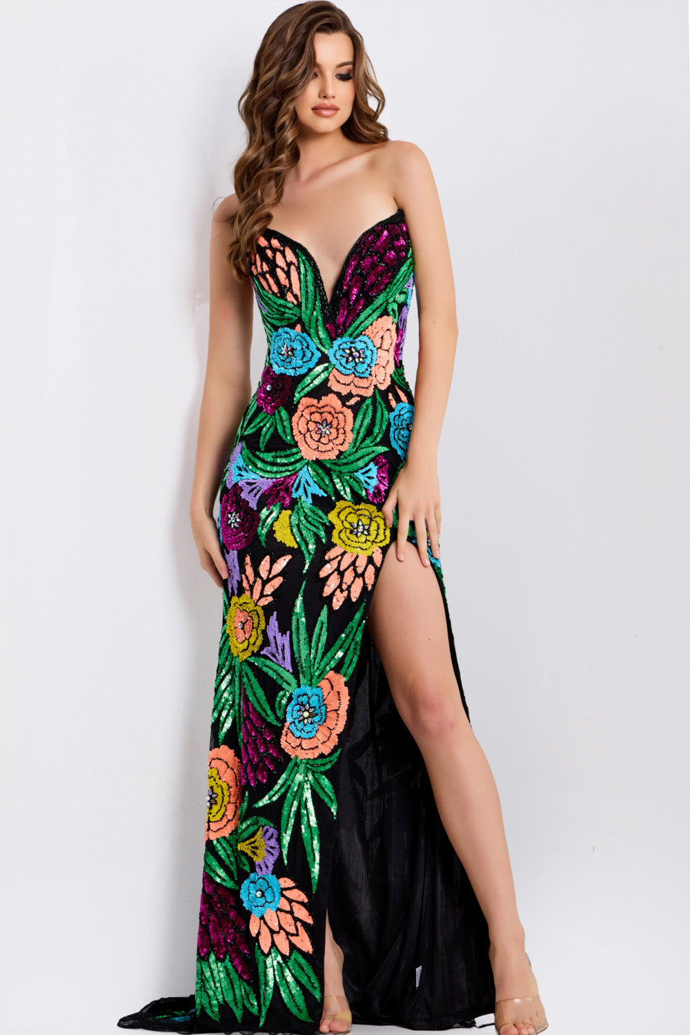 Jovani 49234 Black multi mermaid prom dress with vibrant floral beading and a thigh-high slit.