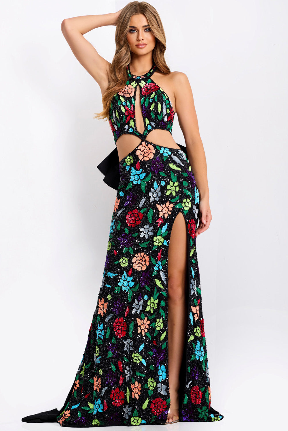 Jovani 49251 Black multi prom dress with floral sequins and a thigh-high slit, front view.