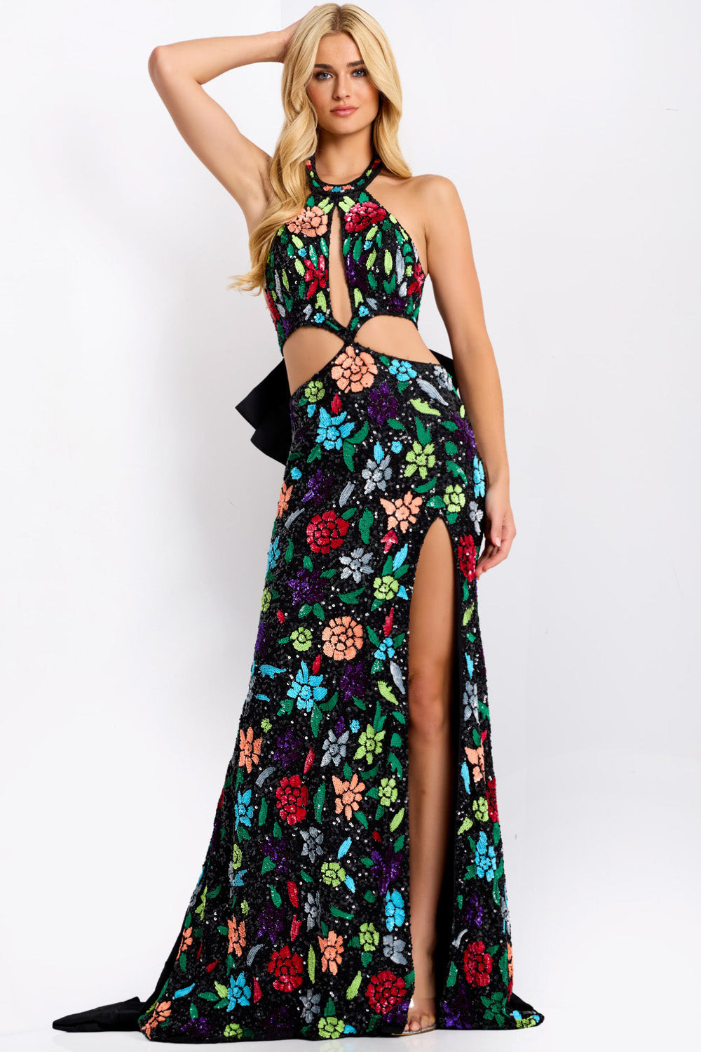 Jovani 49251 Black multi prom dress with floral sequins and a thigh-high slit, front view.