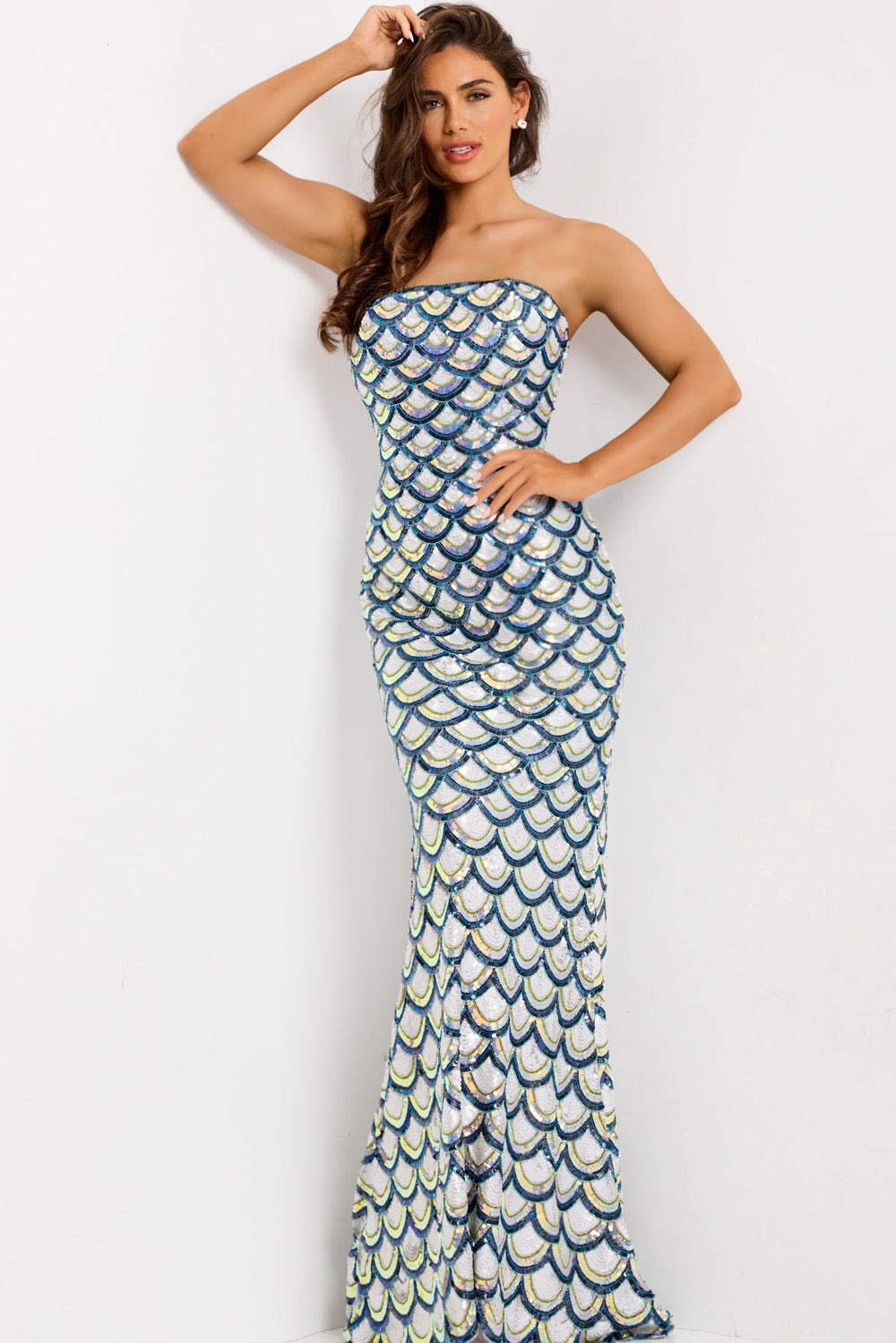 Jovani 49260 Off white multi mermaid prom dress with sequins, featuring a strapless design.