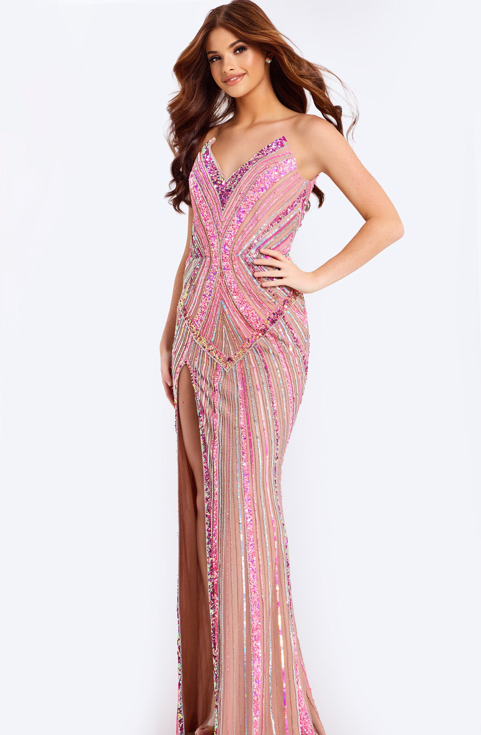 Jovani 49265 Pink multi formal gown with a fitted silhouette and a thigh-high slit.