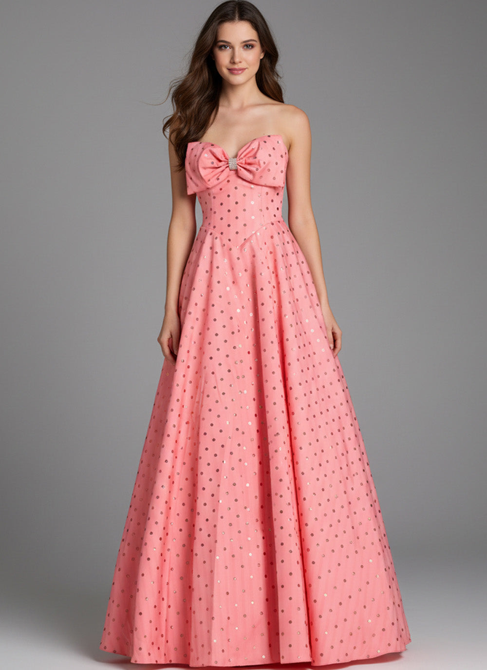 Jovani 49340 Salmon prom dress with a fitted bodice, bow detail, and full A-line skirt.