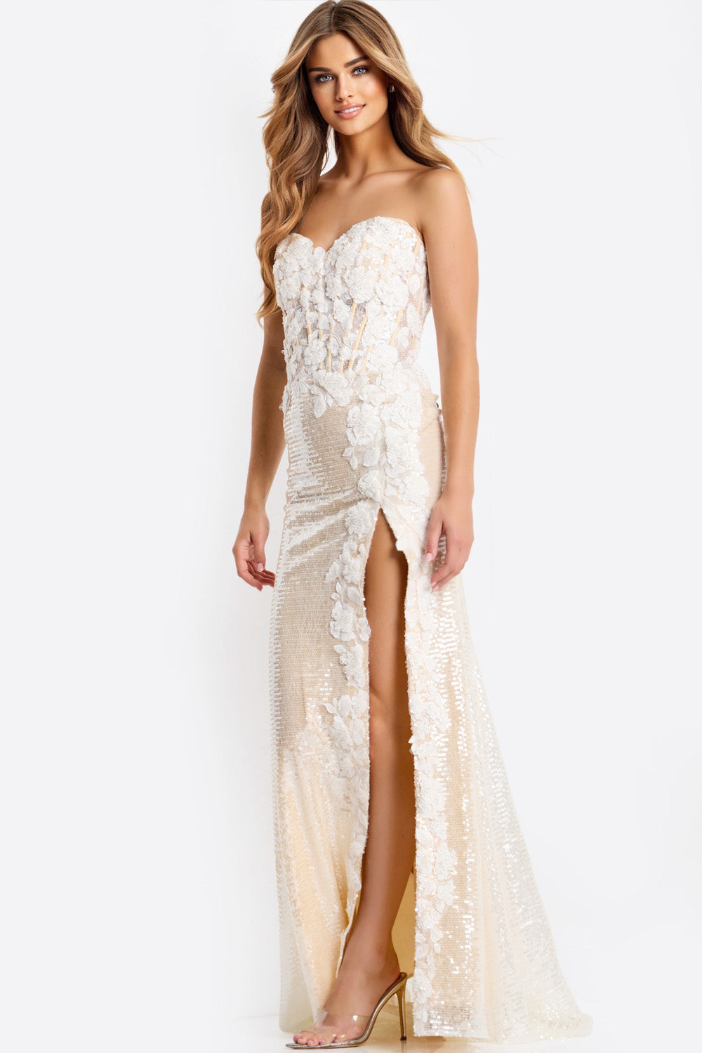 Jovani 49362 Light off-white prom dress with a fitted silhouette and side slit detail.