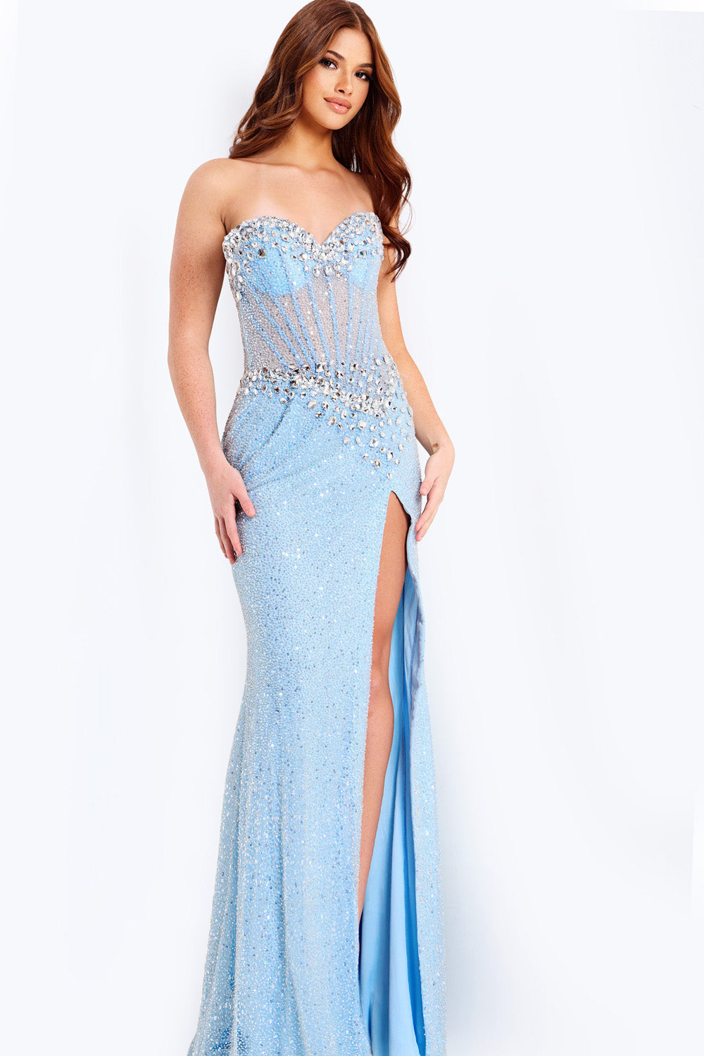 Jovani 49363 Light blue mermaid prom dress with beading and a thigh-high slit, front view.