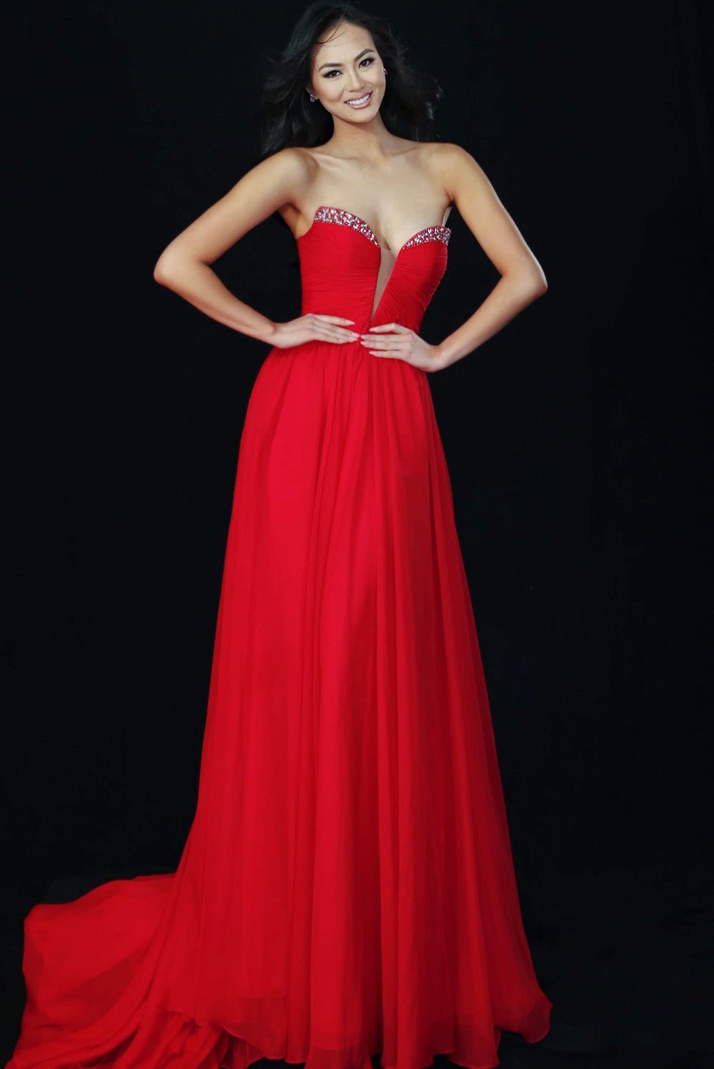 Jovani 49422 Red A-line prom dress with beaded sweetheart neckline and flowing skirt.