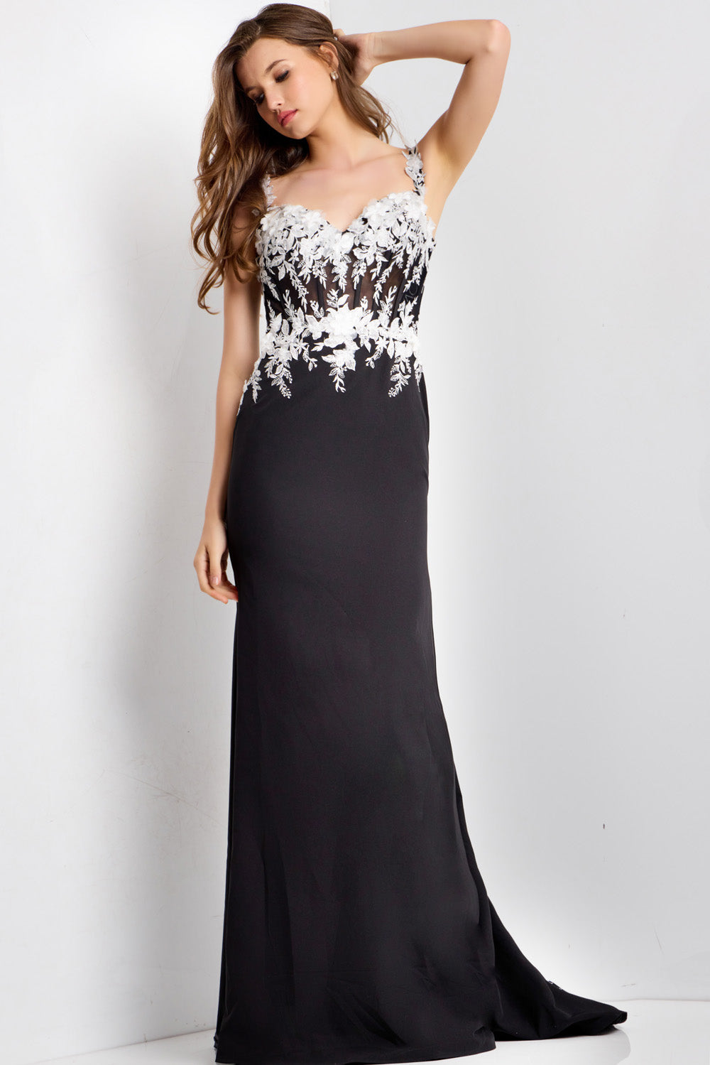 Jovani 49465 Black fitted prom dress with intricate white floral beading, front view.