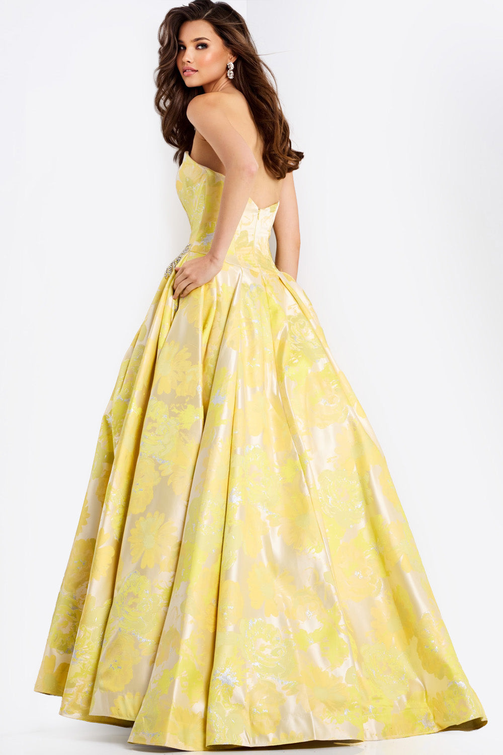 Jovani 49502 Yellow ballgown with floral print and a corset back, perfect for prom prom dress.