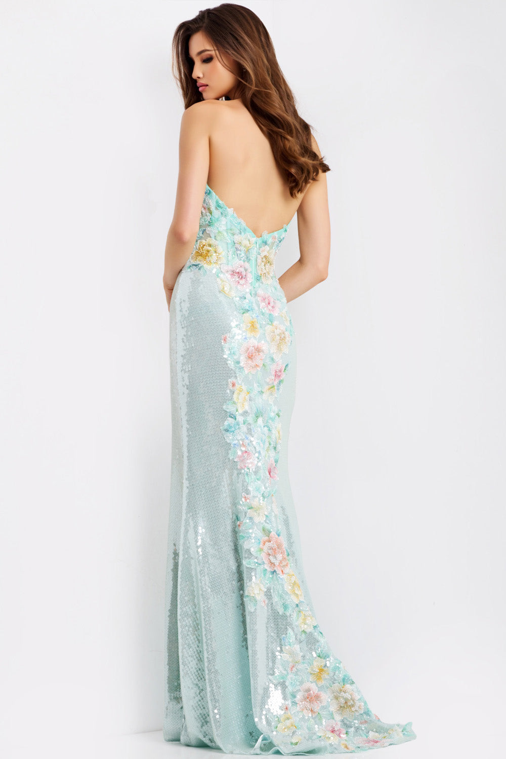 Jovani 49627 Mint mermaid prom dress with floral sequins and a low back view.