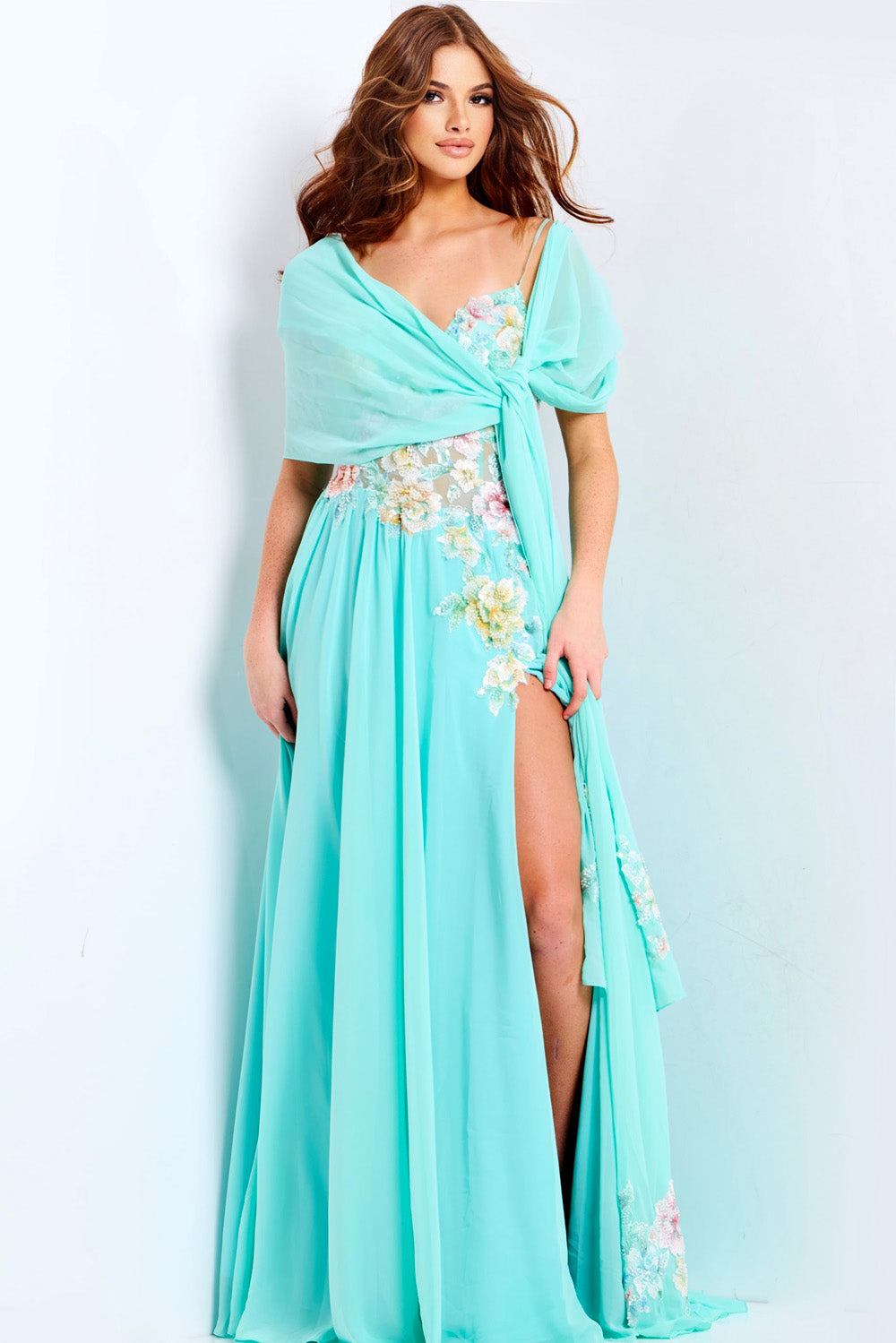 Jovani 49633 Aqua prom dress with a high slit and floral embellishments, front view.