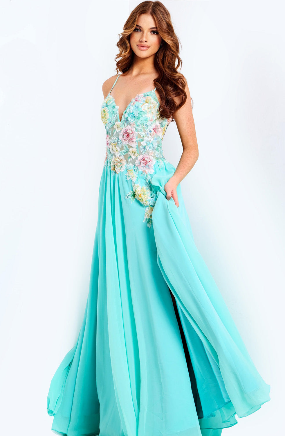 Jovani 49633 Aqua prom dress with floral beading and a side slit, featuring a flowing silhouette.
