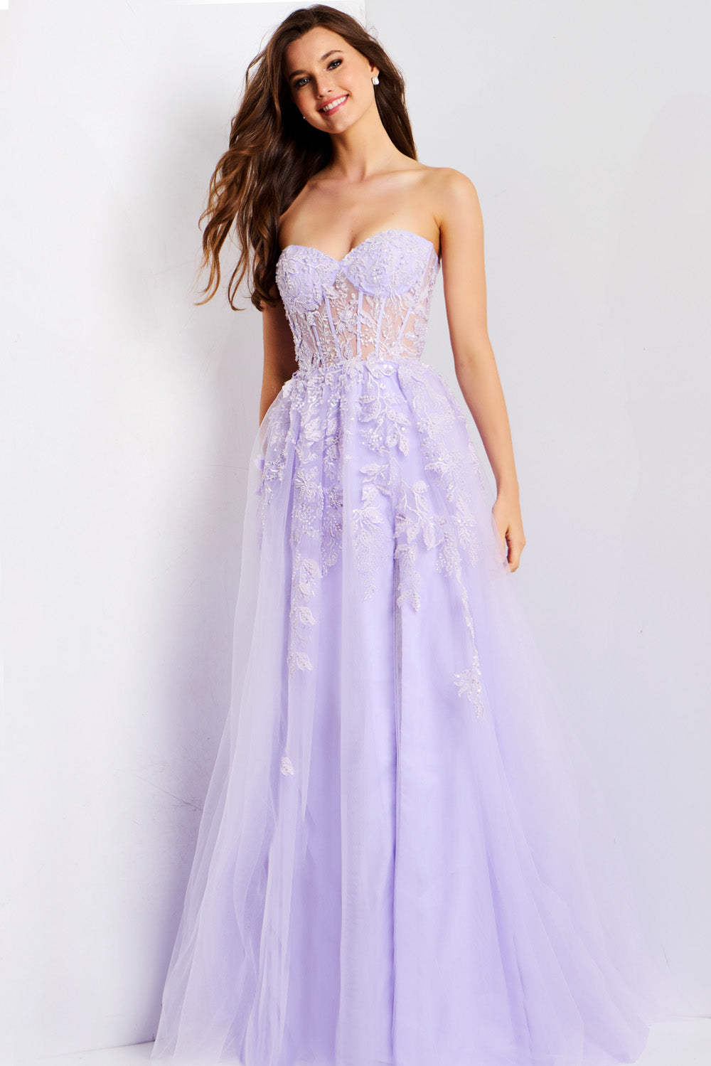 Jovani 49656 Light blue A-line prom dress with intricate lace detailing and a sweetheart neckline.