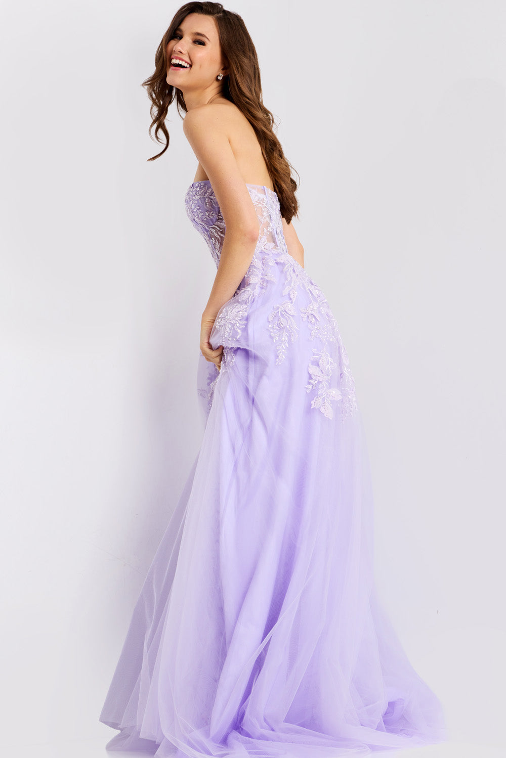 Jovani 49656 Light purple A-line prom dress with intricate beading, side view.