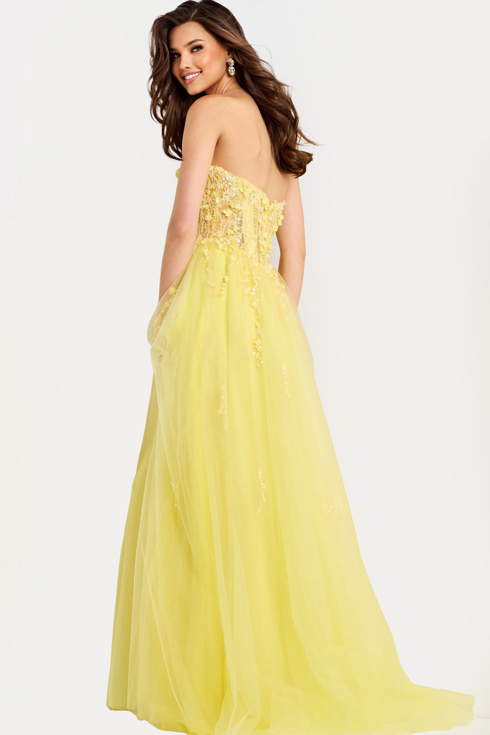 Jovani 49704 Yellow A-line prom dress with intricate beading, back view.