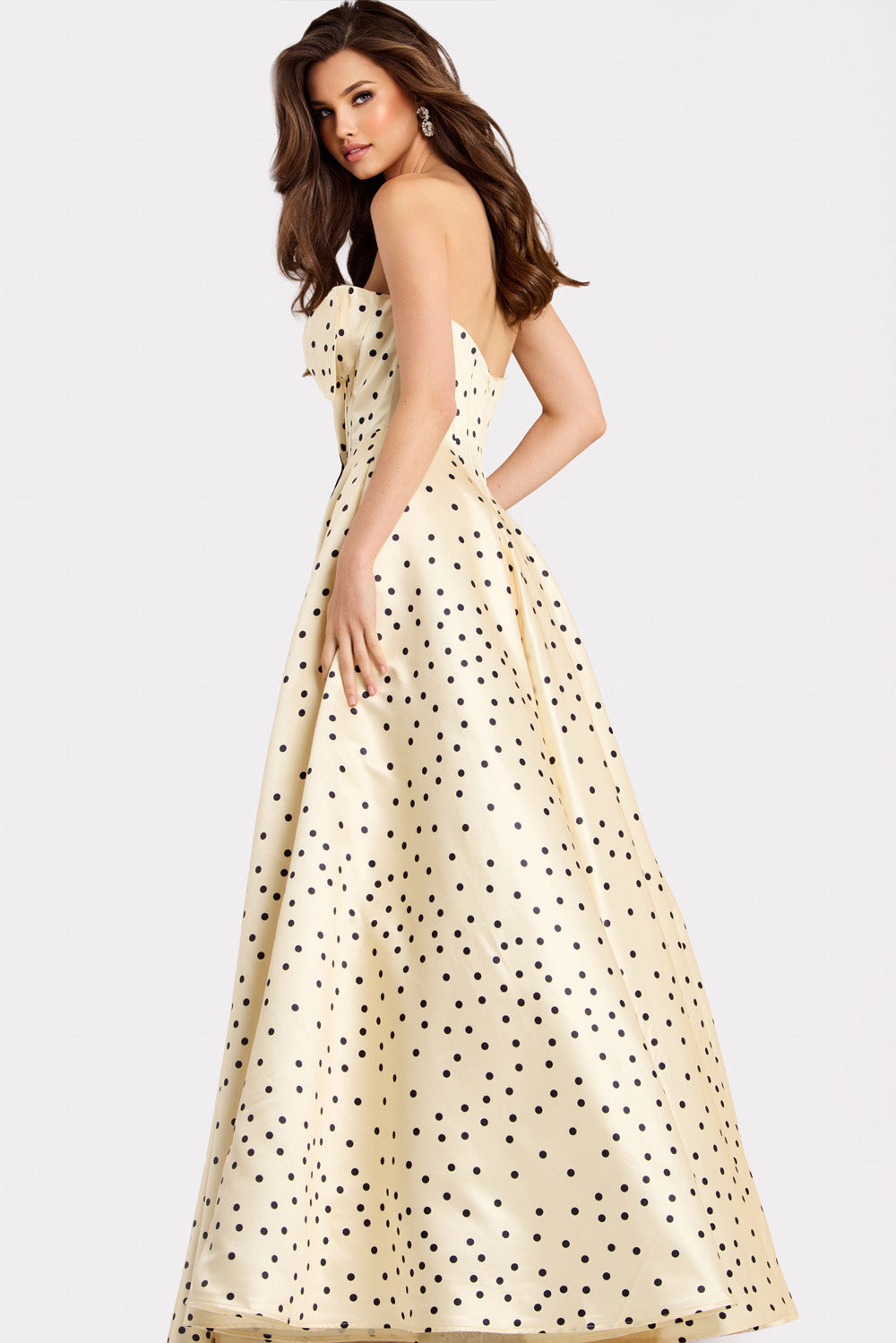 Jovani 49775 Champagne A-line prom dress with polka dots and a sweetheart neckline, back view.