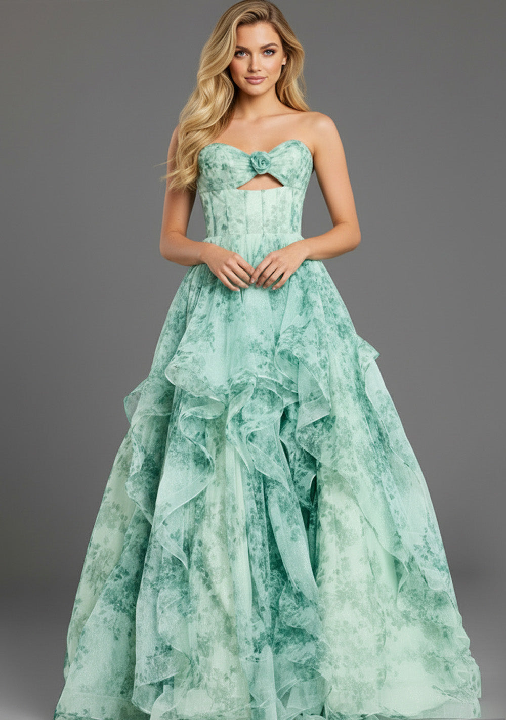Jovani 49777 Green printed A-line prom dress with ruffled layers and a sweetheart neckline.