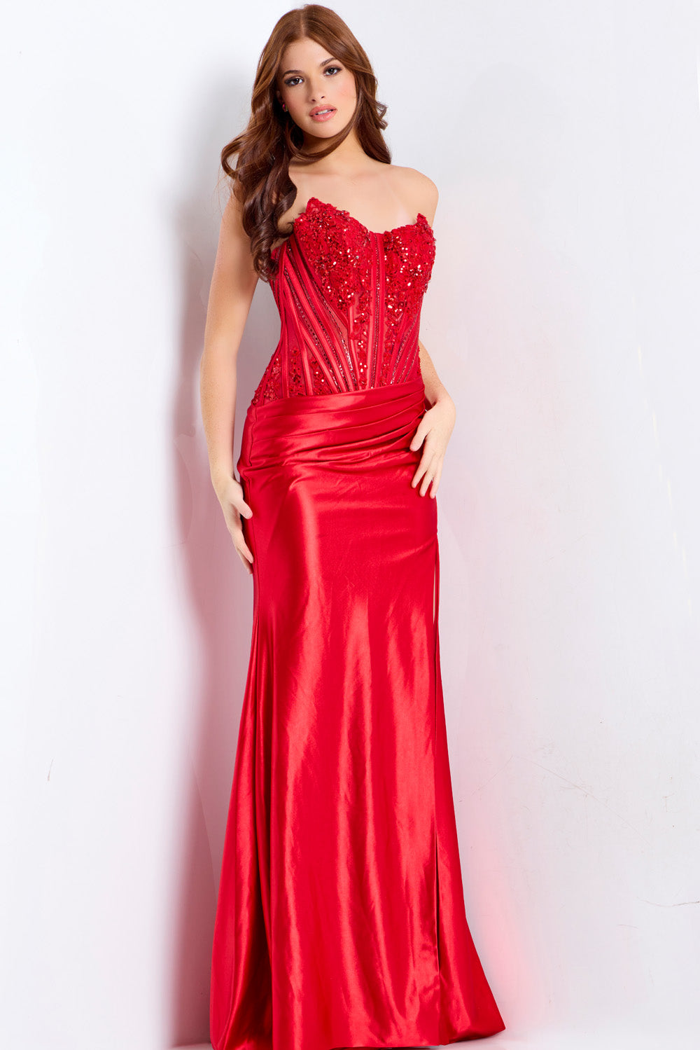 Jovani 50012 Red fitted prom dress with beaded corset and sleek silhouette.