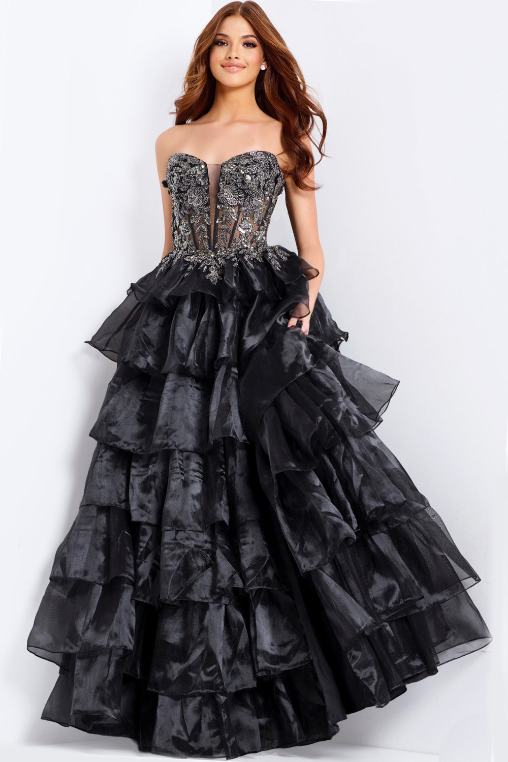 Jovani 50259 Black ballgown prom dress with intricate beading and layered ruffles.