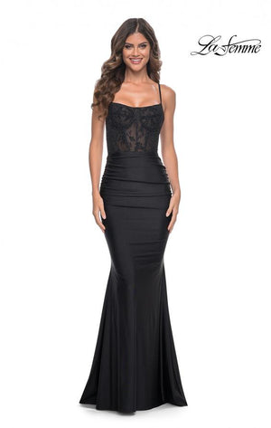 La Femme 31857 prom dress images.  La Femme 31857 is available in these colors: Black, Dark Berry, Dark Emerald, Royal Blue.