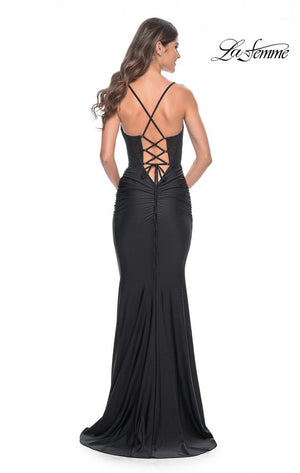 La Femme 31857 prom dress images.  La Femme 31857 is available in these colors: Black, Dark Berry, Dark Emerald, Royal Blue.