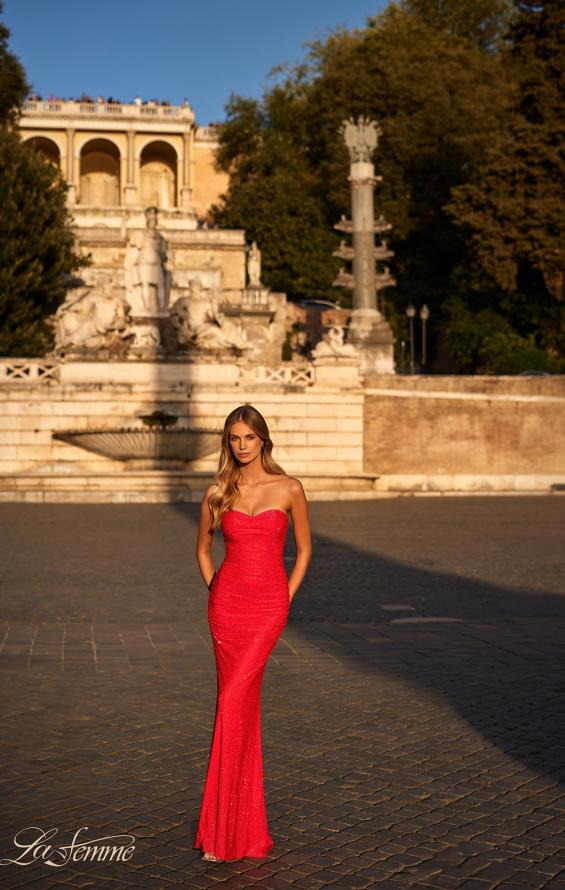 La Femme 31945 prom dress images.  La Femme 31945 is available in these colors: Dark Berry, Emerald, Navy, Strawberry, White.
