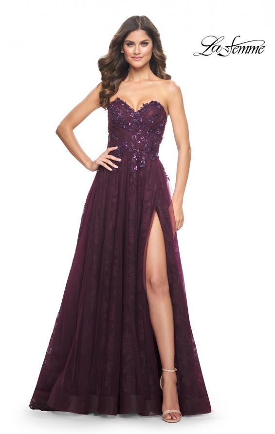 La Femme 31954 prom dress images.  La Femme 31954 is available in these colors: Black, Dark Berry, Dark Emerald.