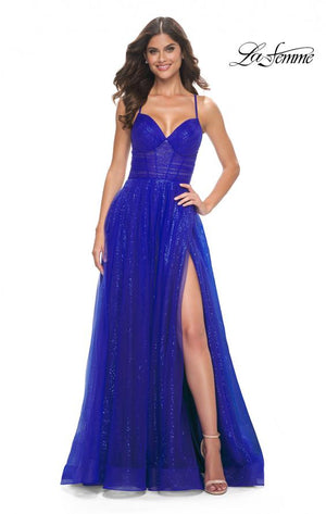 La Femme 31986 prom dress images.  La Femme 31986 is available in these colors: Black, Dark Berry, Electric Blue.