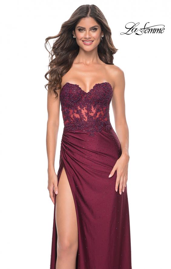 La Femme 32011 prom dress images.  La Femme 32011 is available in these colors: Black, Dark Berry, Dark Emerald, Royal Blue.