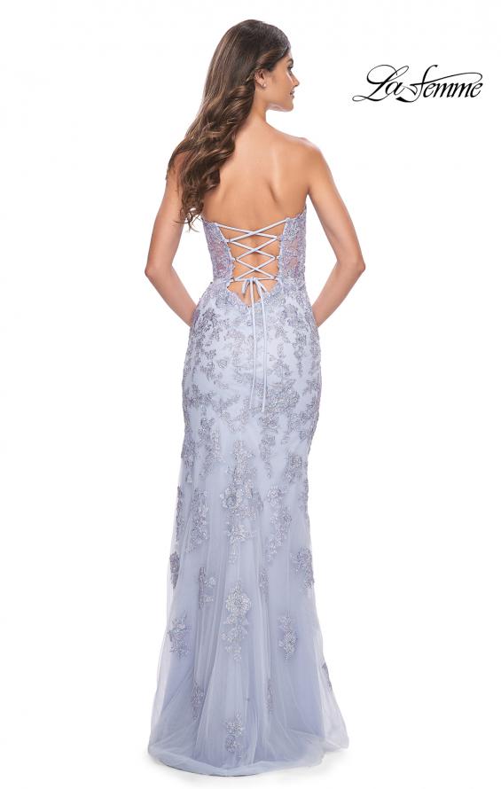 La Femme 32013 prom dress images.  La Femme 32013 is available in these colors: Champagne, Light Periwinkle, Silver.