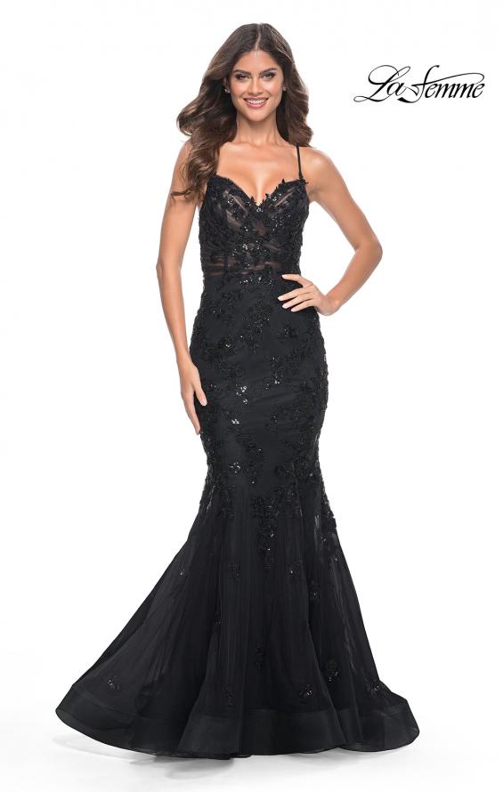 La Femme 32033 prom dress images.  La Femme 32033 is available in these colors: Black, Dark Berry, Dark Emerald.