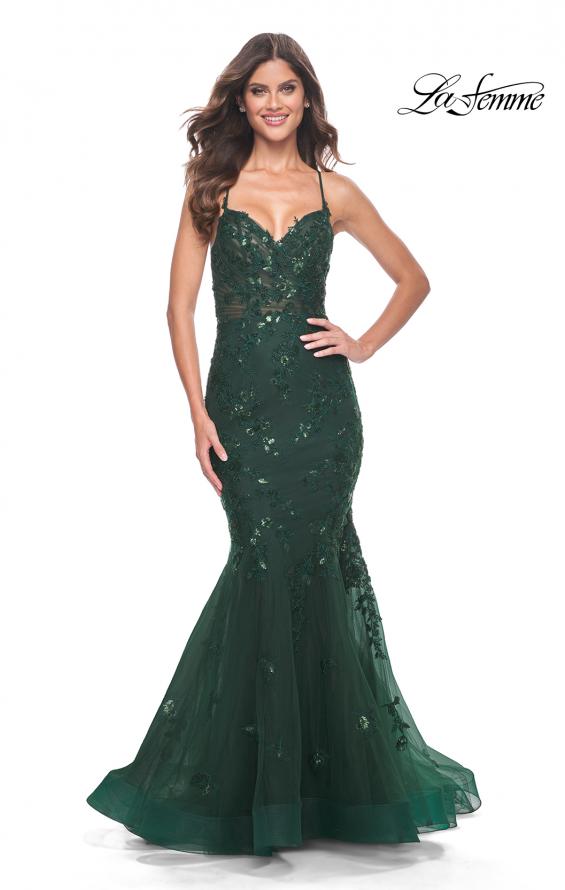 La Femme 32033 prom dress images.  La Femme 32033 is available in these colors: Black, Dark Berry, Dark Emerald.