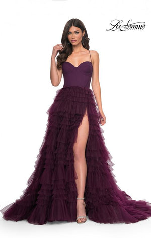 La Femme 32071 prom dress images.  La Femme 32071 is available in these colors: Black, Dark Berry, Dark Emerald.