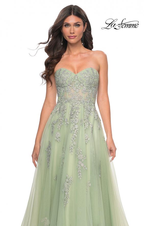 La Femme 32084 prom dress images.  La Femme 32084 is available in these colors: Blush, Light Periwinkle, Royal Blue, Sage.