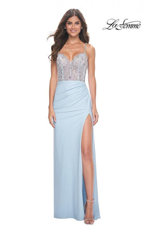 La Femme 32089 prom dress images.  La Femme 32089 is available in these colors: Cloud Blue, Periwinkle.
