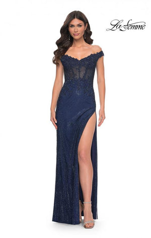 La Femme 32116 prom dress images.  La Femme 32116 is available in these colors: Black, Emerald, Marine Blue.