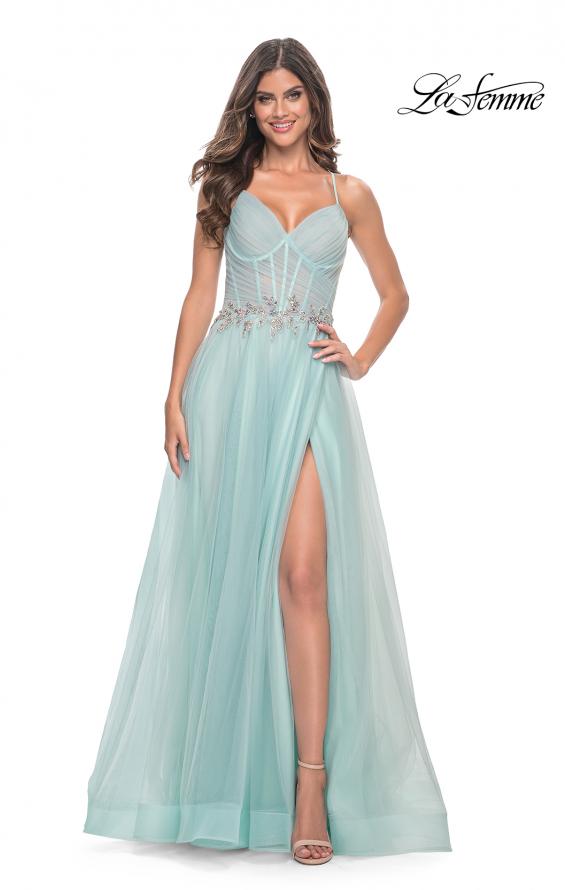 La Femme 32117 prom dress images.  La Femme 32117 is available in these colors: Light Blue, Mauve, Pale Yellow.