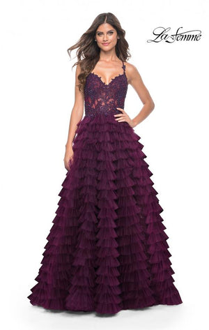 La Femme 32128 prom dress images.  La Femme 32128 is available in these colors: Black, Dark Berry, Dark Emerald, Royal Blue.
