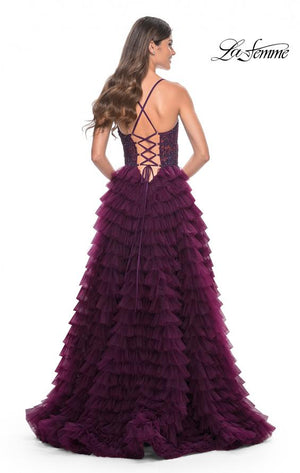 La Femme 32128 prom dress images.  La Femme 32128 is available in these colors: Black, Dark Berry, Dark Emerald, Royal Blue.