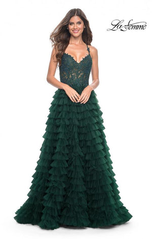 La Femme 32128 prom dress images.  La Femme 32128 is available in these colors: Black, Dark Berry, Dark Emerald, Royal Blue.