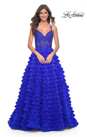 La Femme 32128 prom dress images.  La Femme 32128 is available in these colors: Black, Dark Berry, Dark Emerald, Royal Blue.