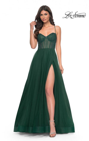La Femme 32135 prom dress images.  La Femme 32135 is available in these colors: Black, Dark Berry, Dark Emerald, Royal Blue.