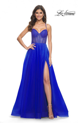 La Femme 32135 prom dress images.  La Femme 32135 is available in these colors: Black, Dark Berry, Dark Emerald, Royal Blue.