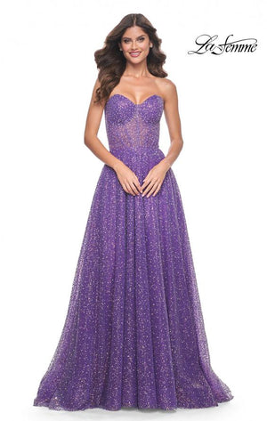 La Femme 32136 prom dress images.  La Femme 32136 is available in these colors: Cloud Blue, Purple.